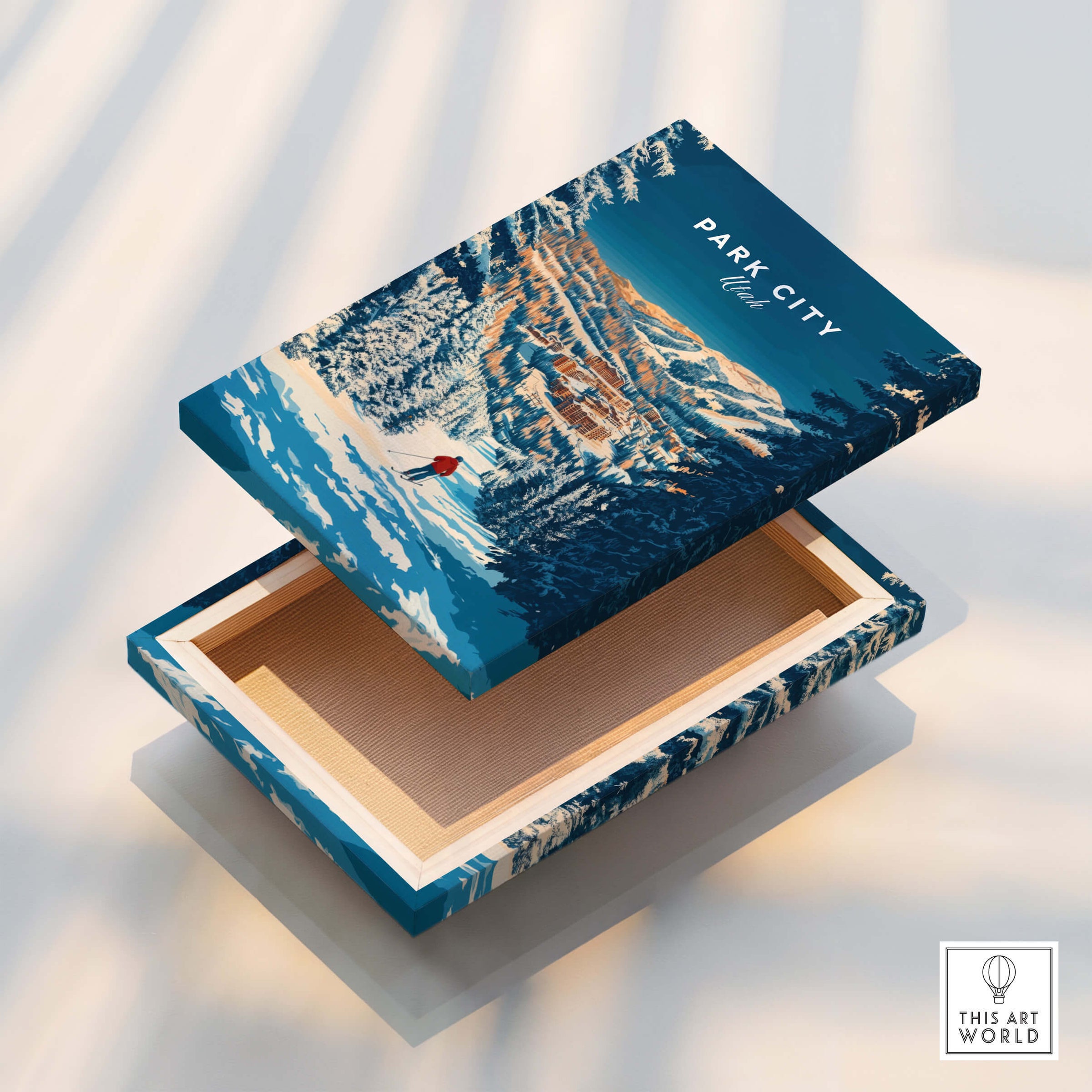 Park City Ski Art Print decorative box featuring a scenic winter landscape and skier in Park City, Utah.