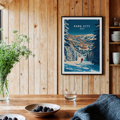 Park City Ski Art Print displayed in a rustic home setting with wooden walls and natural decor.