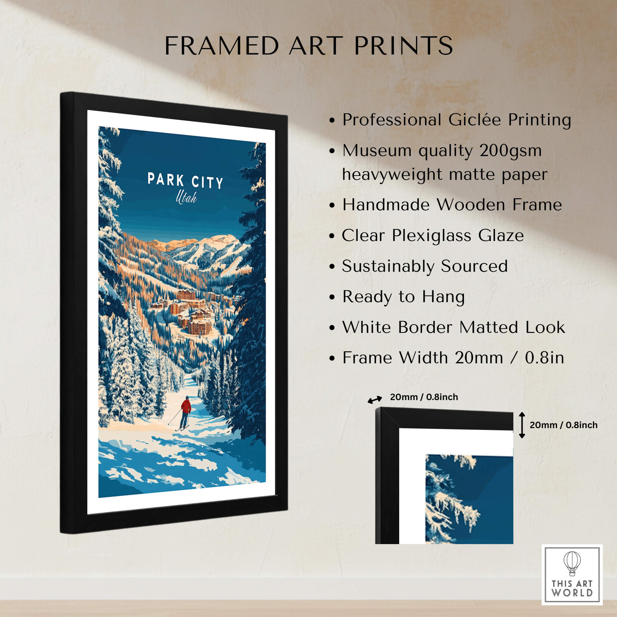 Park City Ski Art Print framed with professional Giclée printing and handmade wooden frame.
