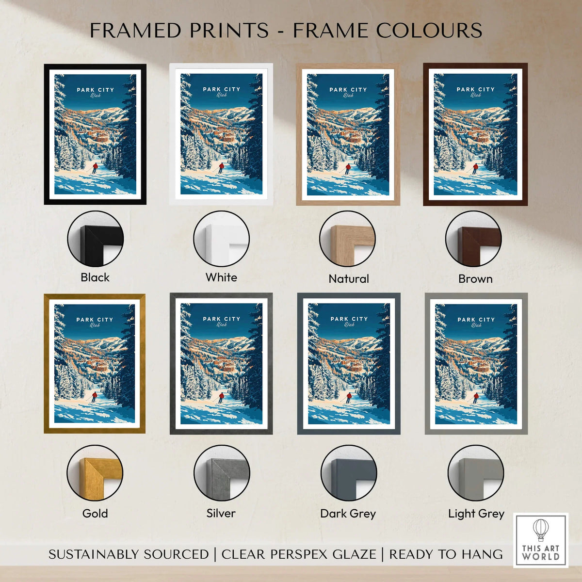 Framed Park City Ski Art Print options showcasing different frame colors including Black, White, Natural, and more.