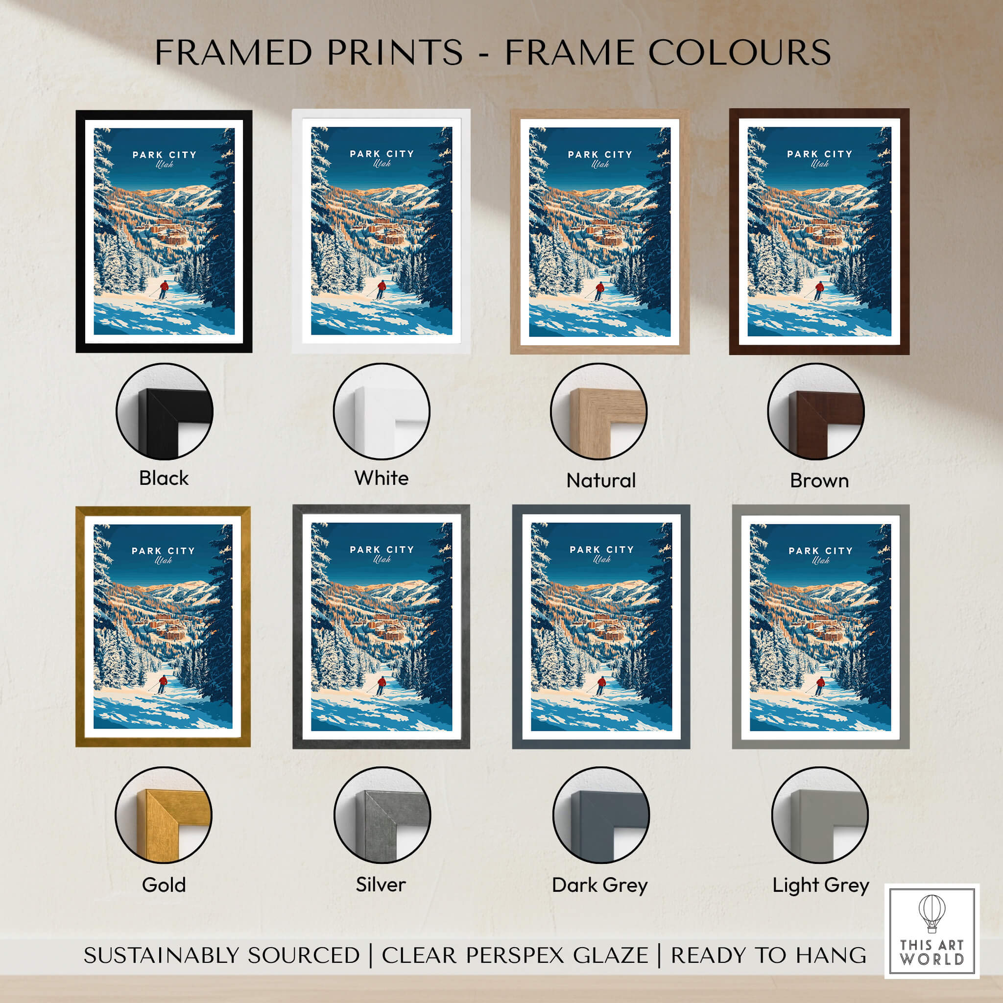 Framed Park City Ski Art Print options showcasing different frame colors including Black, White, Natural, and more.