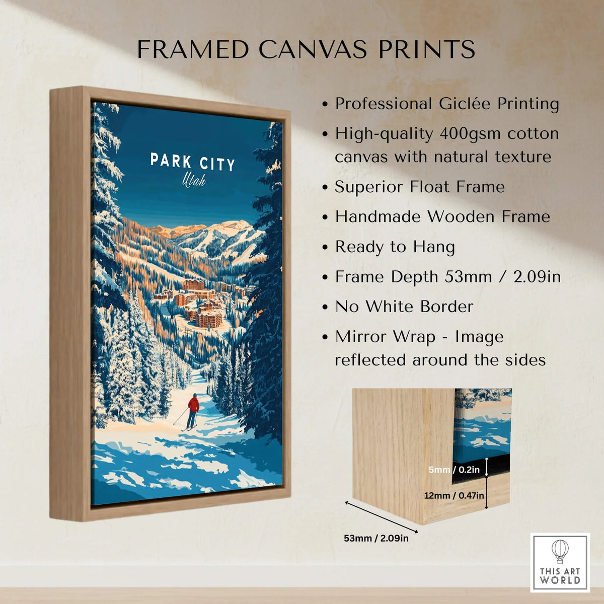 Park City Ski Art Print framed canvas showcasing a snowy landscape and skier in Utah's majestic mountains.