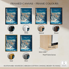 Park City Ski Art Print framed in different color options including black, white, natural, brown, gold, and silver.