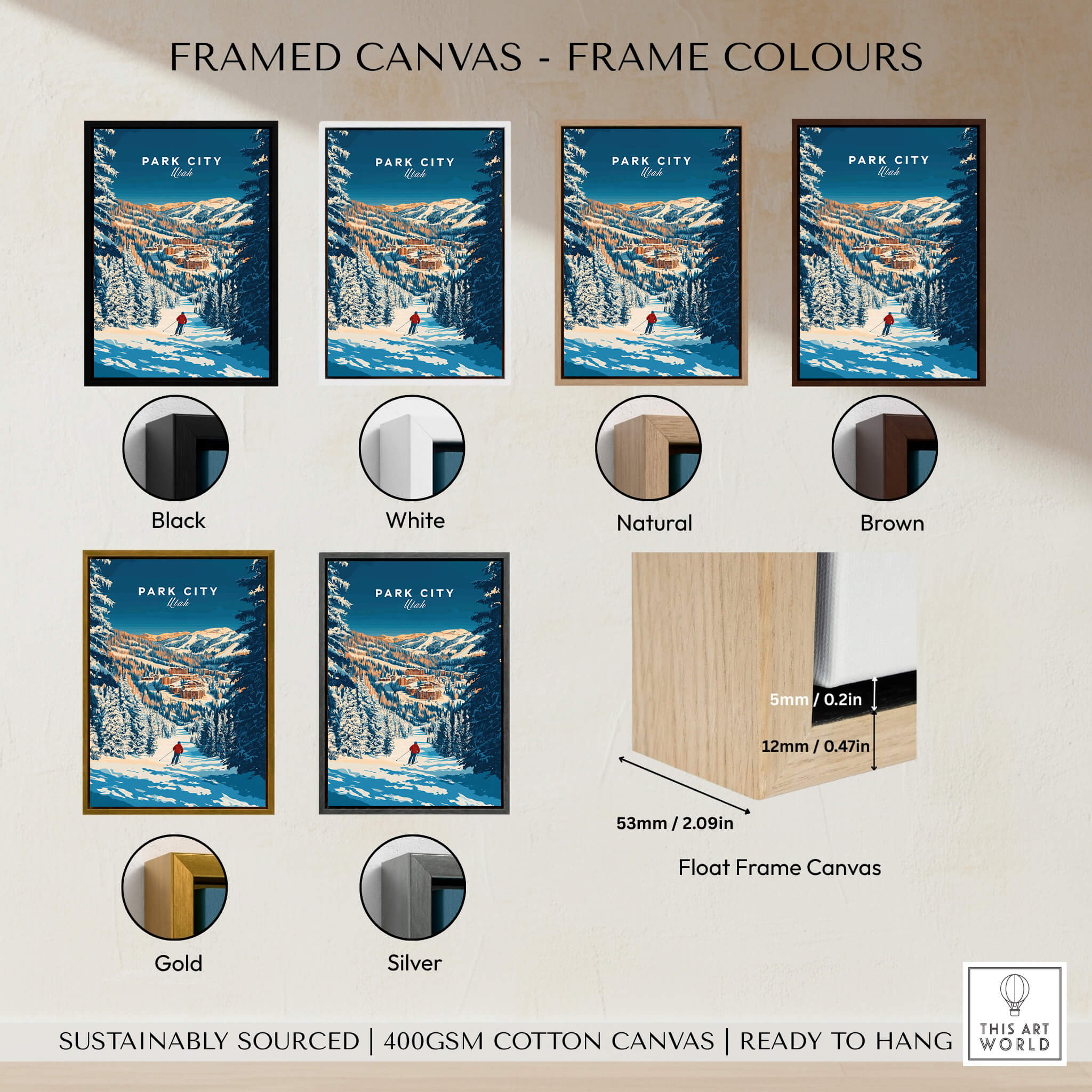 Park City Ski Art Print framed in different color options including black, white, natural, brown, gold, and silver.