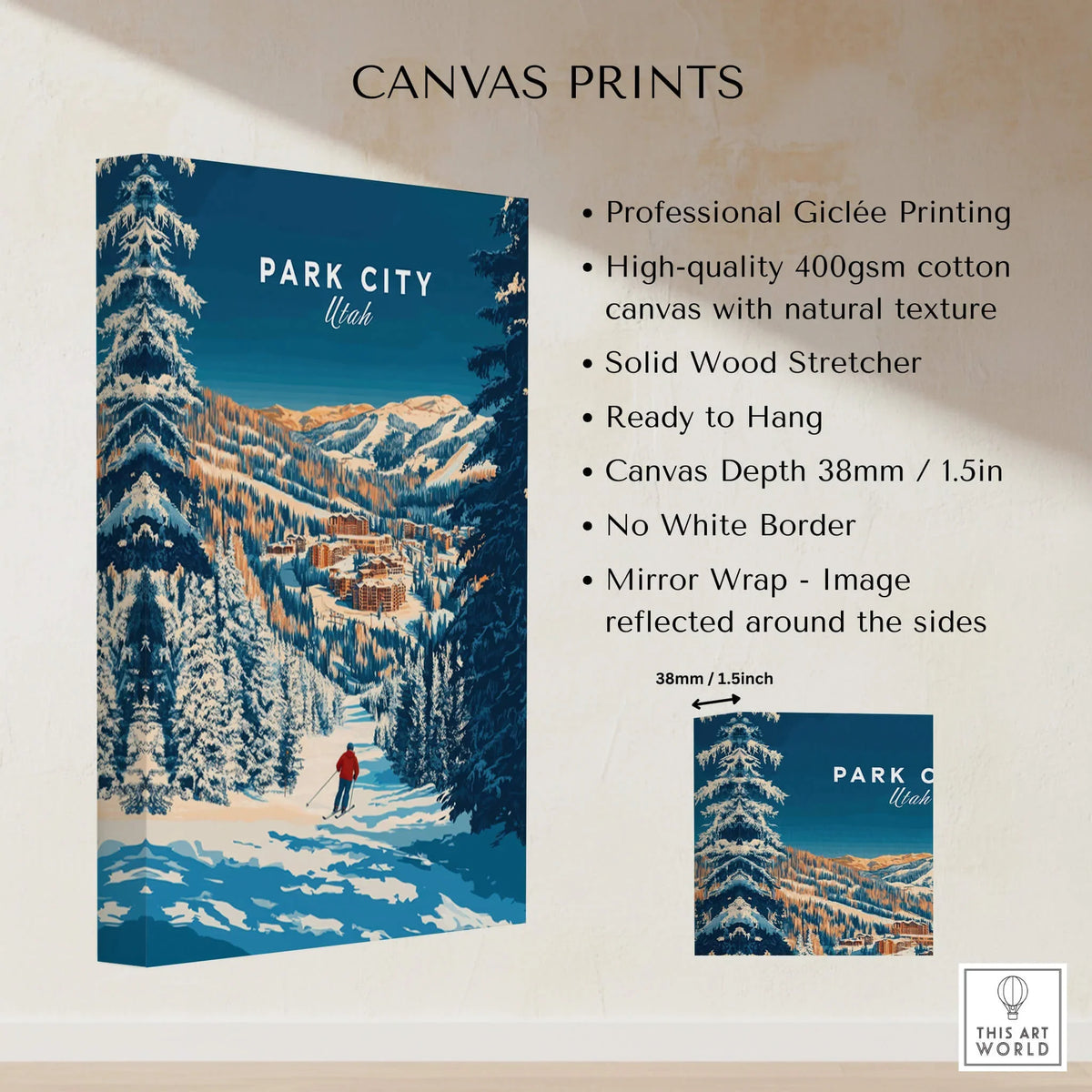 Park City Ski Art Print showcasing winter landscape scenery with snowy mountains and a skier in the foreground.