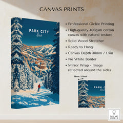 Park City Ski Art Print showcasing winter landscape scenery with snowy mountains and a skier in the foreground.
