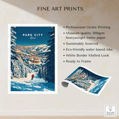 Park City Ski Art Print showcasing a skier in a mountainous landscape, perfect for nature lovers.