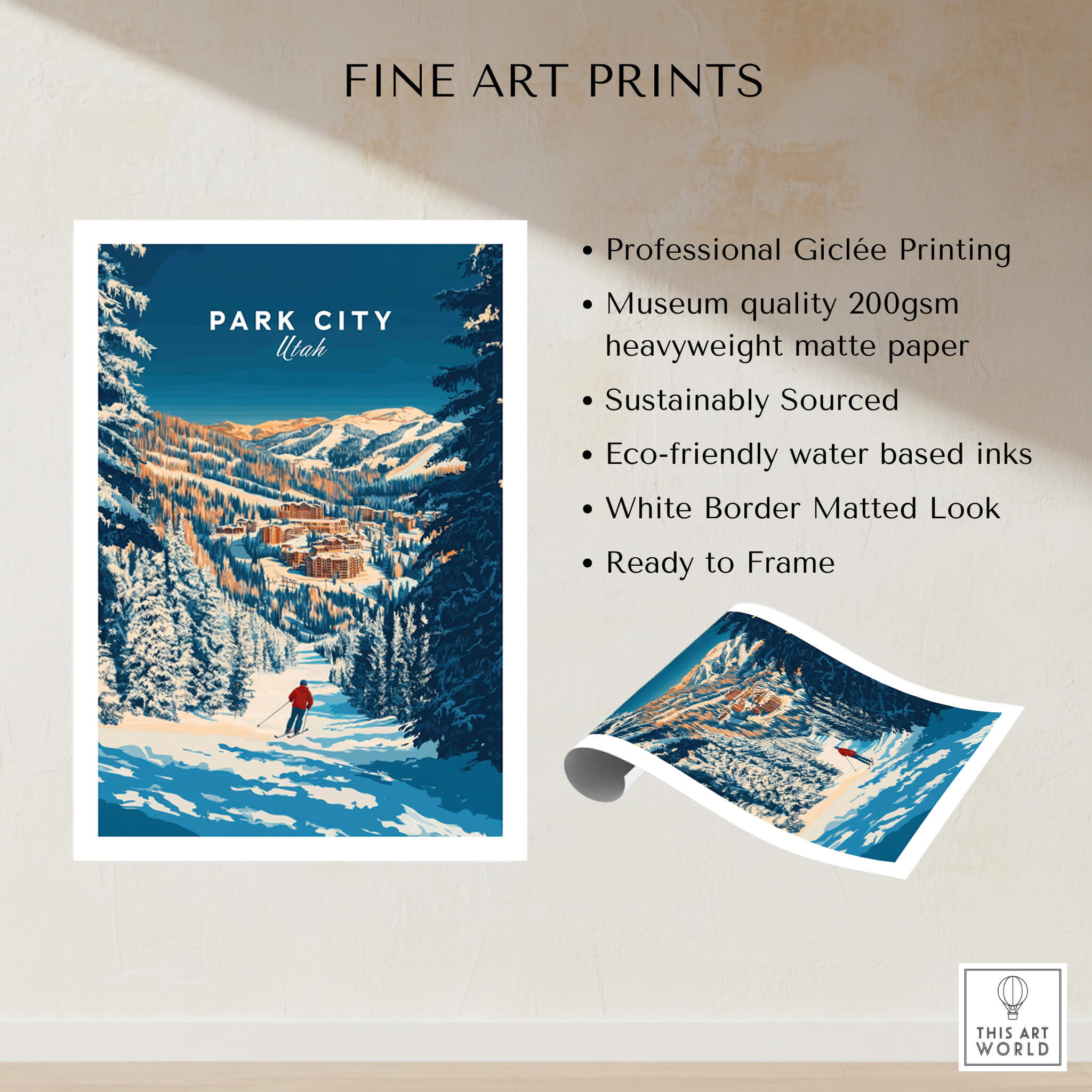 Park City Ski Art Print showcasing a skier in a mountainous landscape, perfect for nature lovers.
