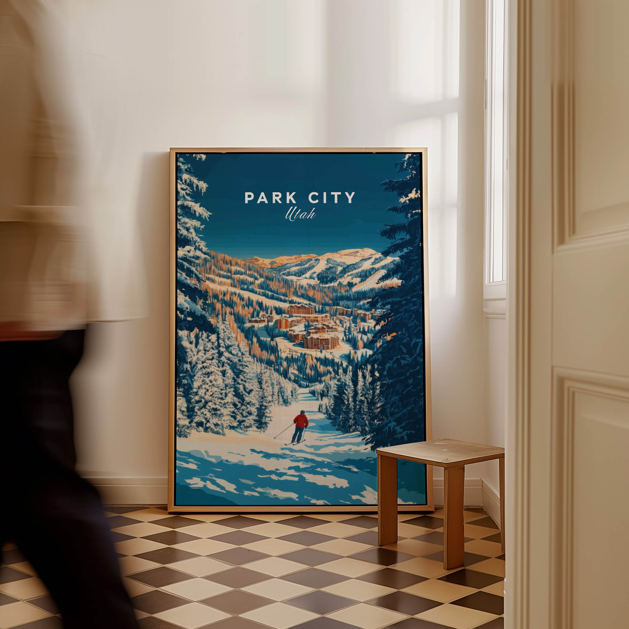 Park City Ski Art Print featuring a skier amidst the beautiful mountains of Park City, Utah, enhancing home decor.