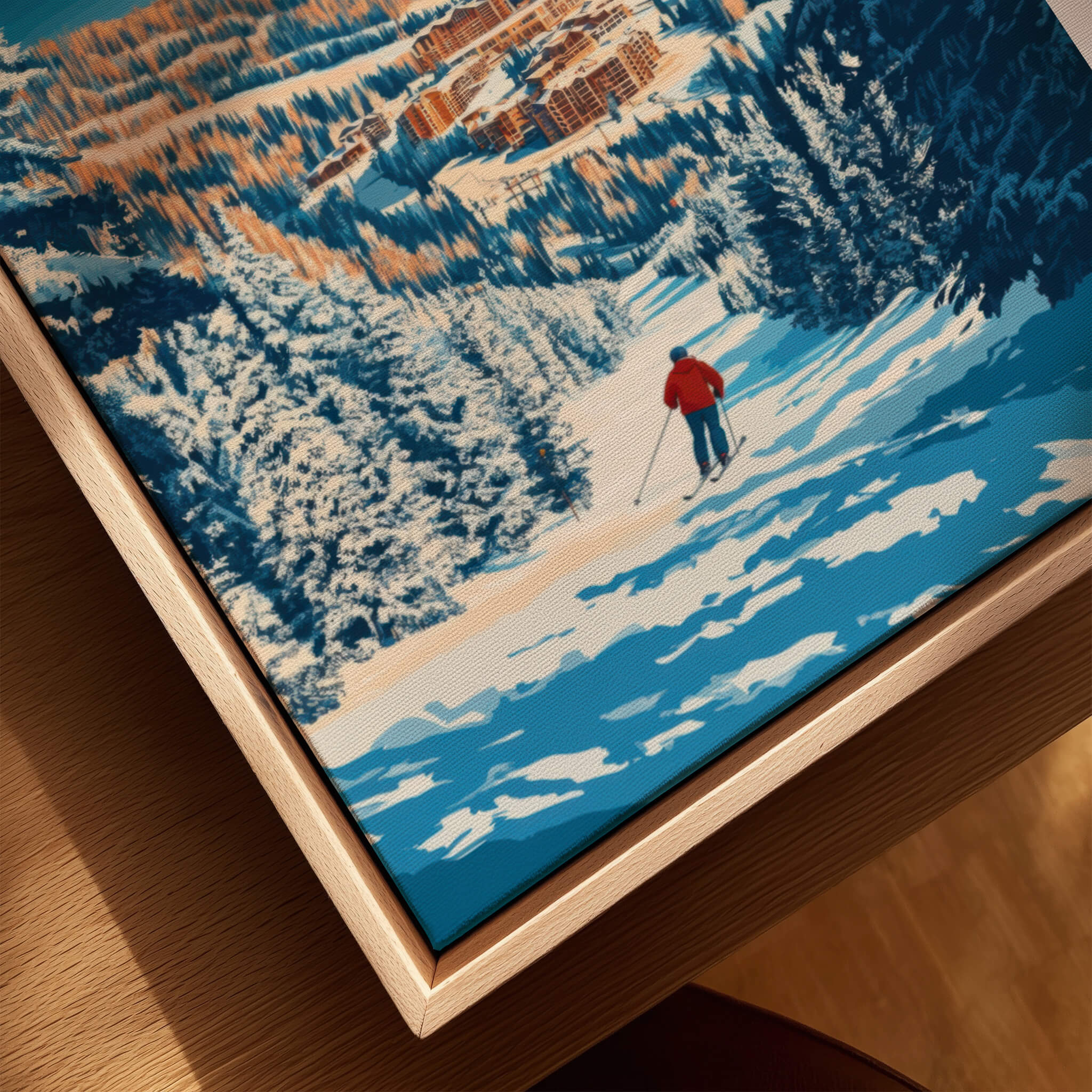 Park City Ski Art Print featuring a skier in a red jacket on a snowy mountain trail surrounded by pine trees.