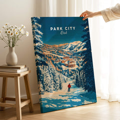 Park City Ski Art Print showcasing a scenic winter landscape of Park City, Utah with a skier in the foreground.