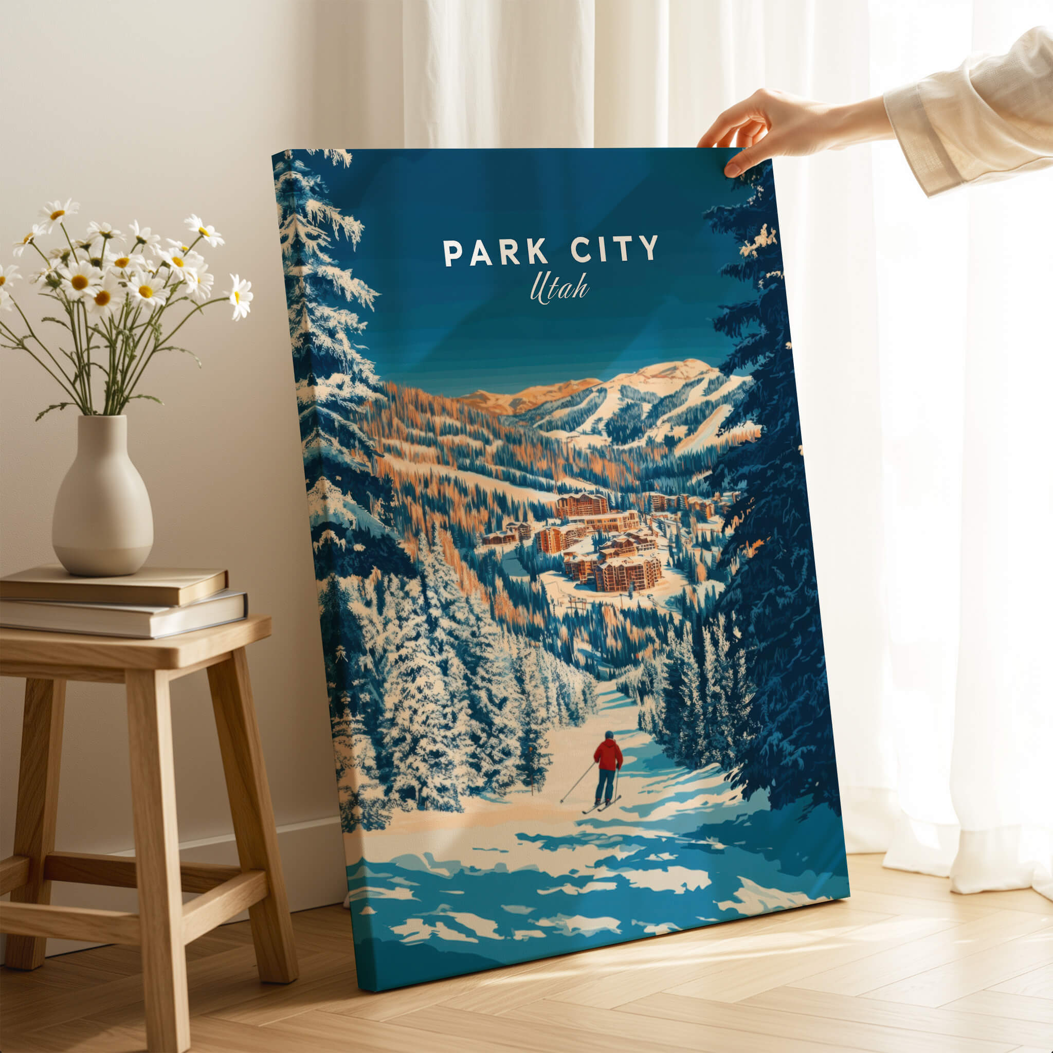 Park City Ski Art Print showcasing a scenic winter landscape of Park City, Utah with a skier in the foreground.