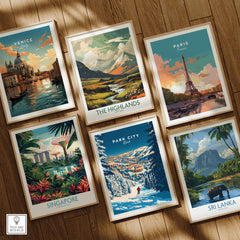 Park City Ski Art Print along with travel-themed art prints featuring Venice, Paris, Singapore, The Highlands, and Sri Lanka.