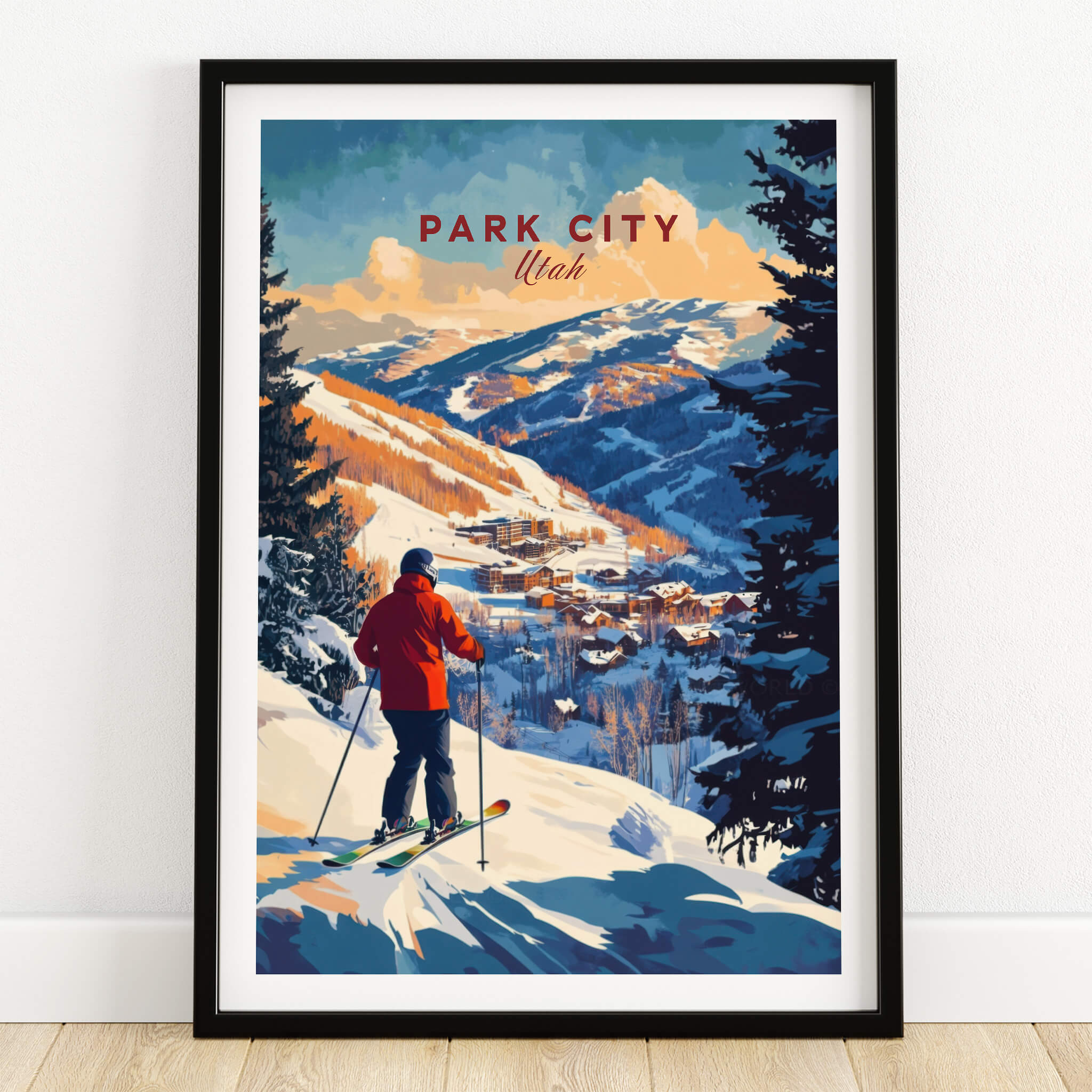 Park City Ski Wall Art Ski Print featuring a skier overlooking the snowy Park City landscape.