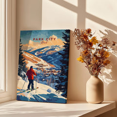 Park City Ski Wall Art Ski Print featuring a skier in the beautiful Park City mountains with a warm interior ambiance.