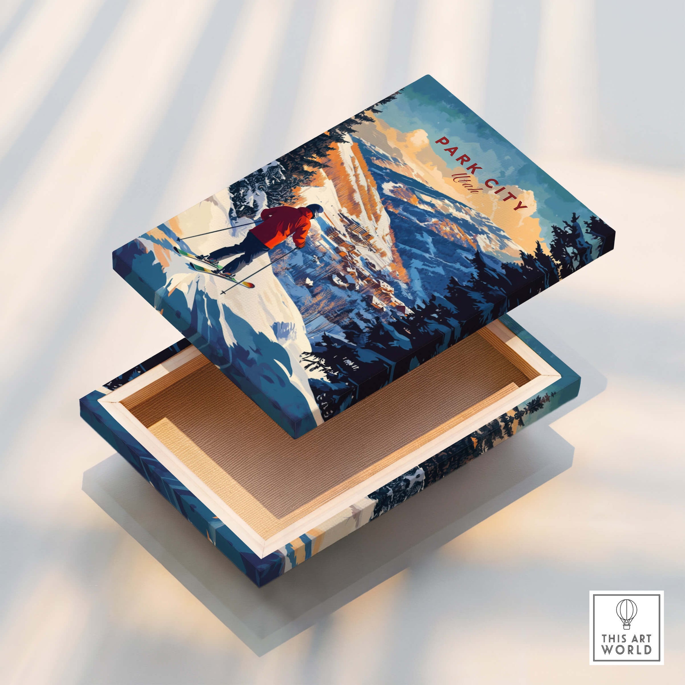 Park City Ski Wall Art Ski Print on a decorative wooden box showcasing a skier in a winter landscape.