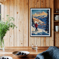 Park City Ski Wall Art Ski Print displayed in a cozy home setting with rustic wooden walls.