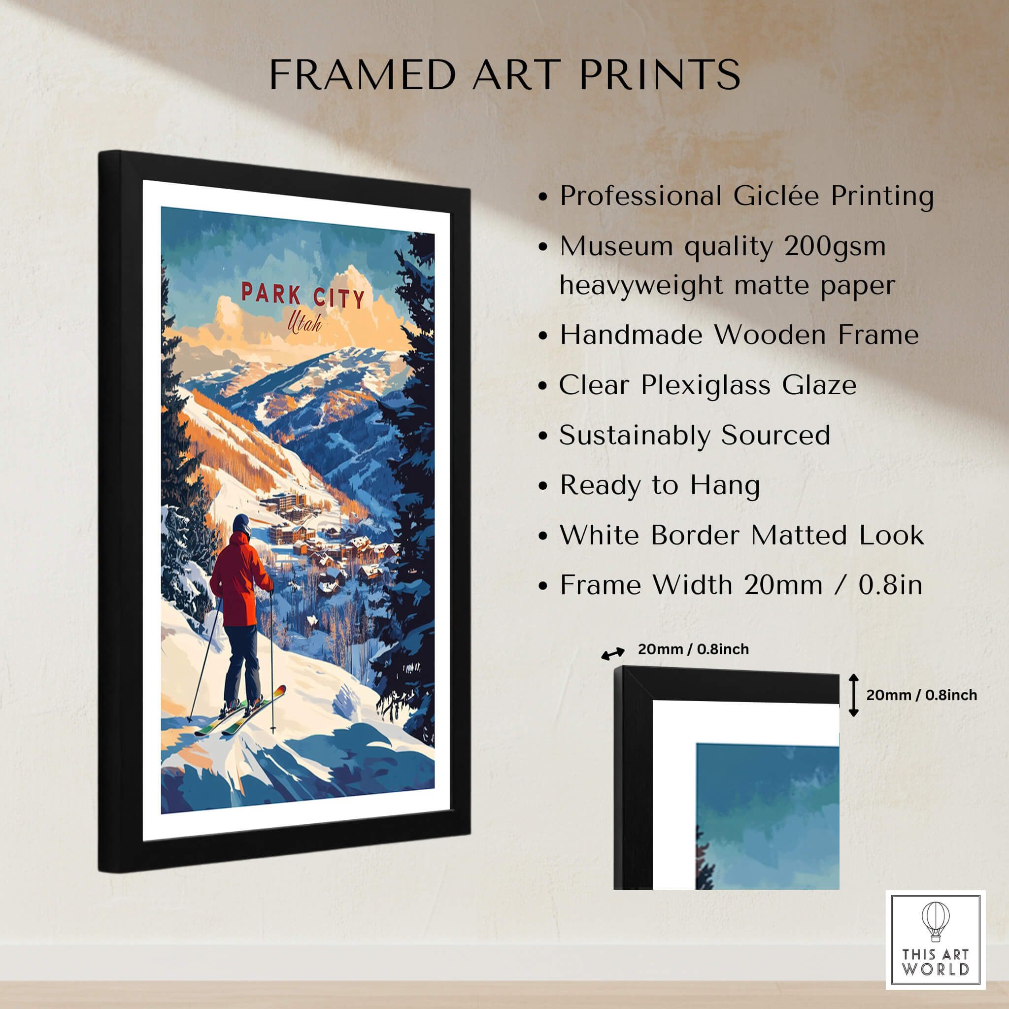 Park City Ski Wall Art Ski Print framed art with mountains and skier, ready to hang, professionally printed.