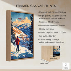 Park City Ski Wall Art Ski Print framed canvas with skier and colorful mountain background