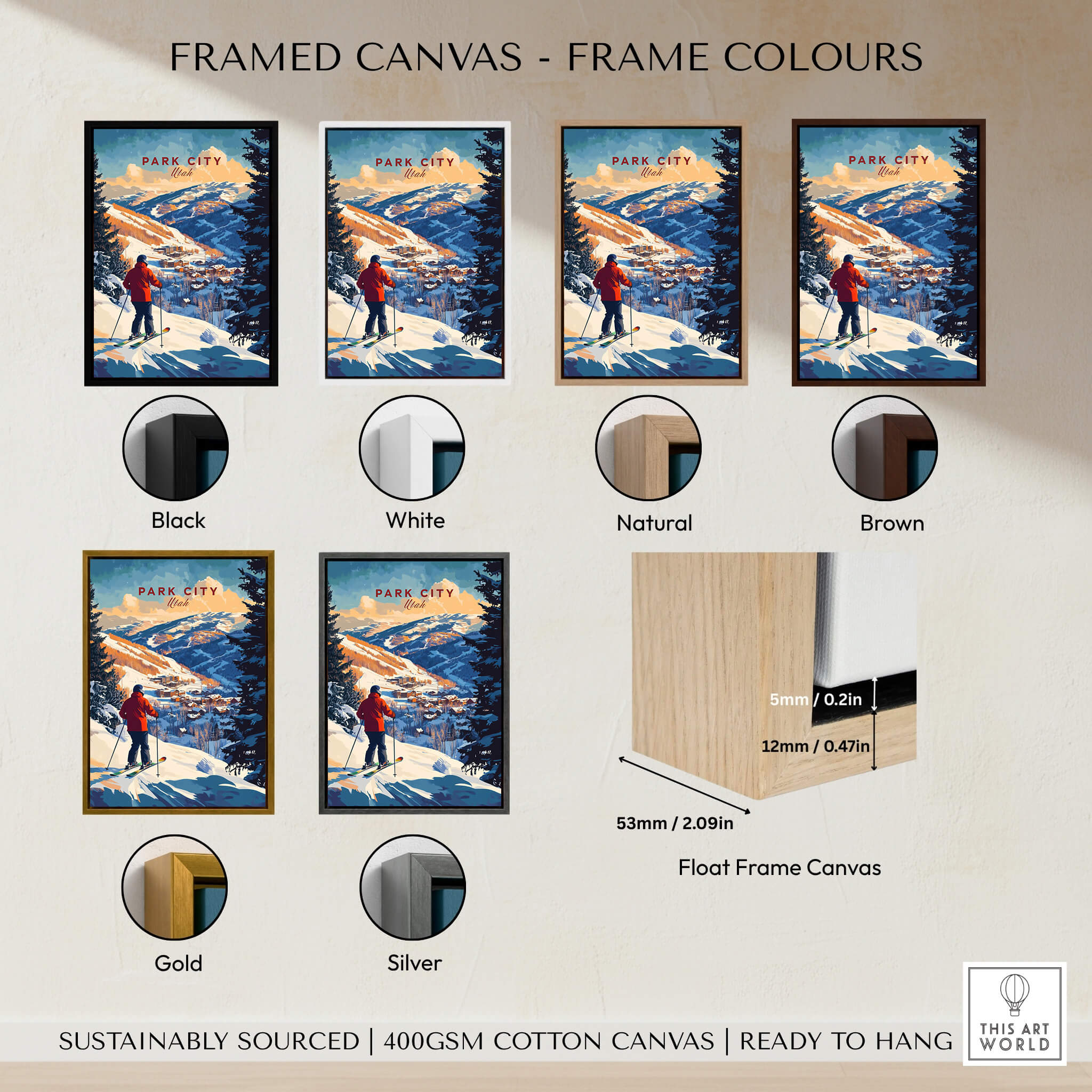 Framed Park City Ski Wall Art Ski Print in various frame colours including black, white, natural, brown, gold, and silver.