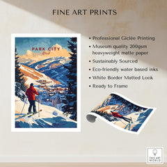 Park City Ski Wall Art Ski Print featuring a scenic winter landscape and skier, ideal for home decor and ski enthusiasts.