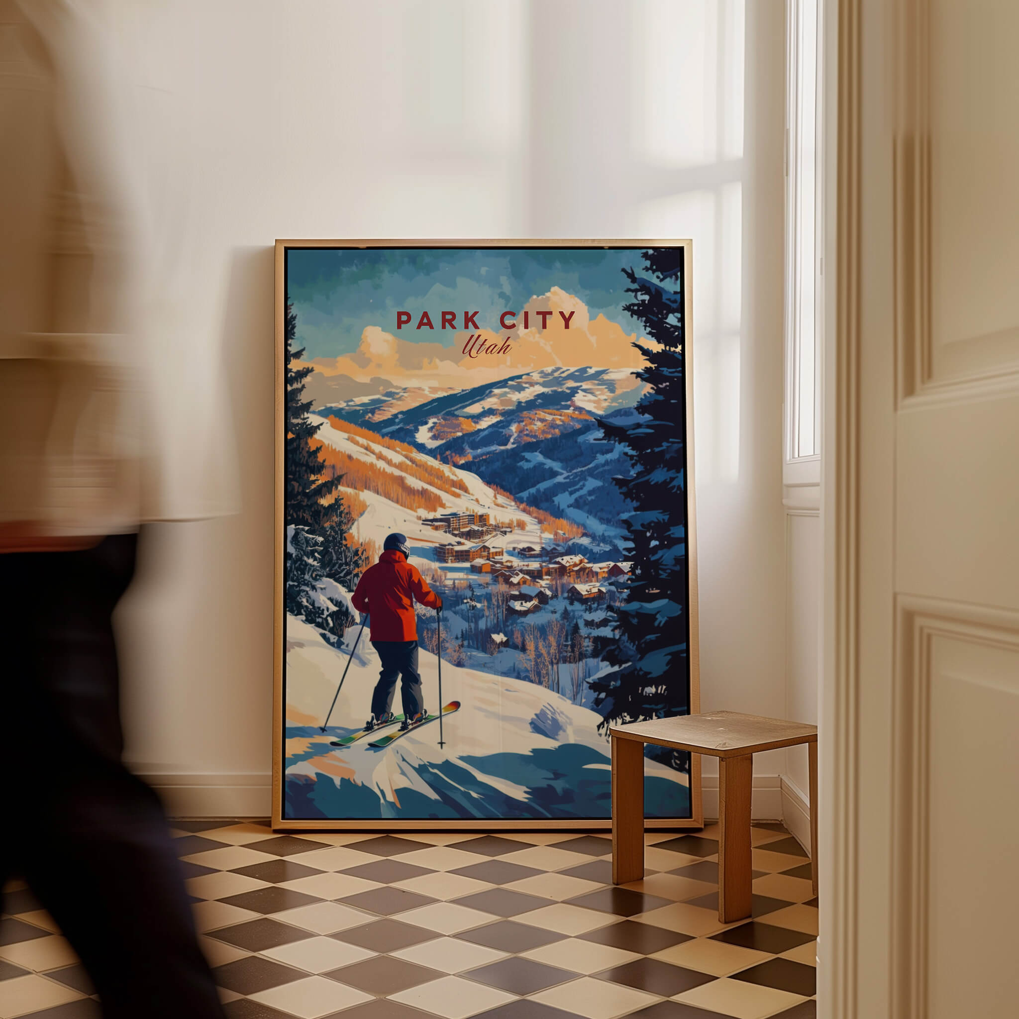 Park City Ski Wall Art Ski Print showcasing a skier in a snowy landscape, perfect for ski enthusiasts.