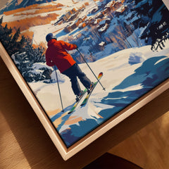 Park City Ski Wall Art Ski Print featuring a skier in an orange jacket on a snowy slope.
