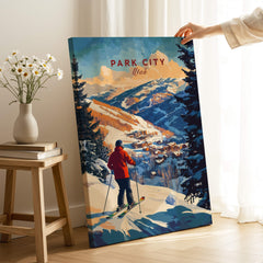 Park City Ski Wall Art Ski Print featuring a skier on a snowy slope in Park City, Utah, capturing winter adventure.