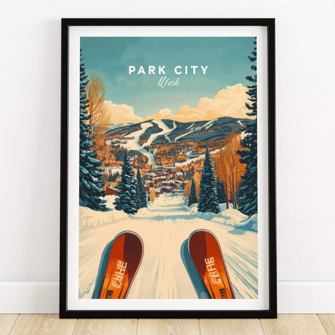 Ski Print Park City Utah Winter Sports poster featuring a vibrant winter landscape and ski equipment.