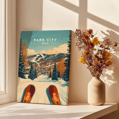 Ski Print Park City Utah Winter Sports poster displayed with scenic winter landscape and ski equipment.