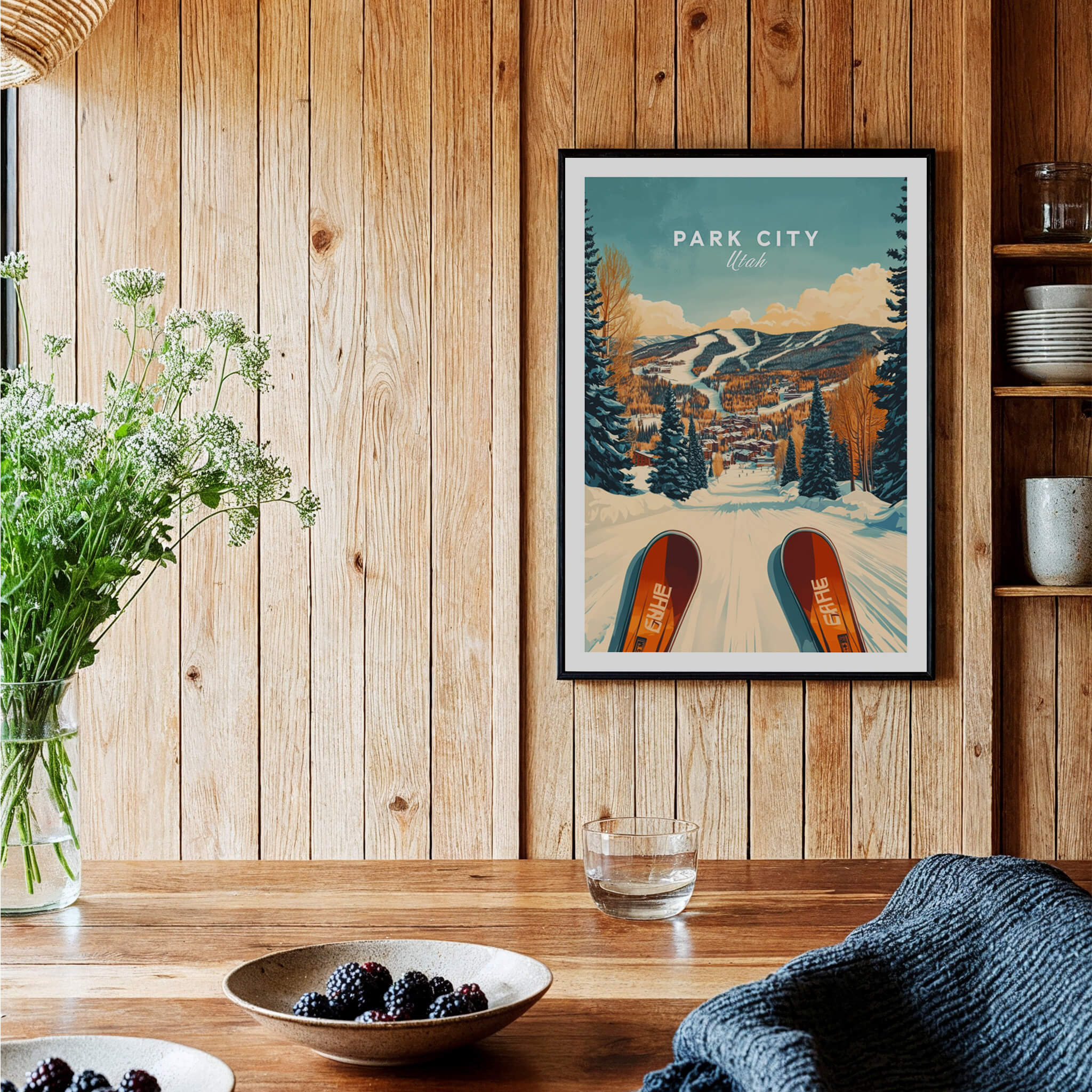 Ski Print Park City Utah Winter Sports vibrant poster displayed in a cozy home setting with wooden decor.