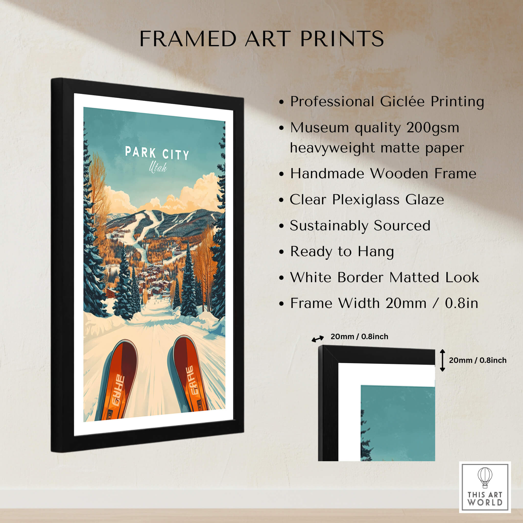 Ski Print Park City Utah Winter Sports framed art print featuring vibrant skiing design.