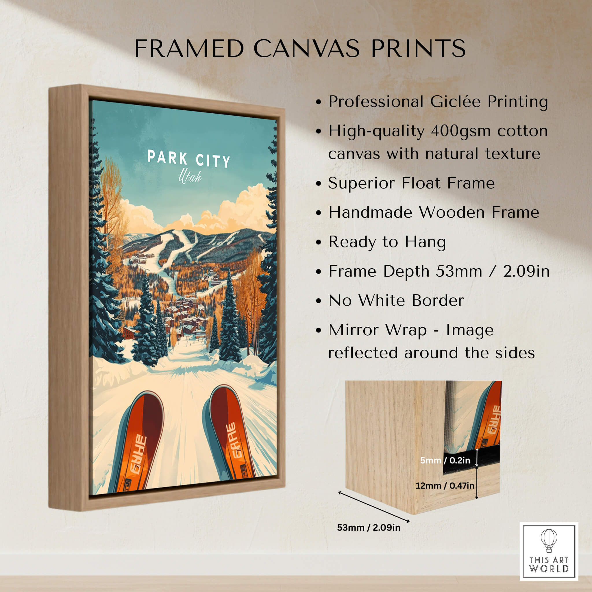 Ski Print Park City Utah Winter Sports framed canvas print showcasing vibrant skiing scene in Park City, Utah.