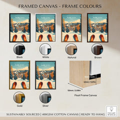 Framed canvas options for Ski Print Park City Utah Winter Sports in various frame colors.