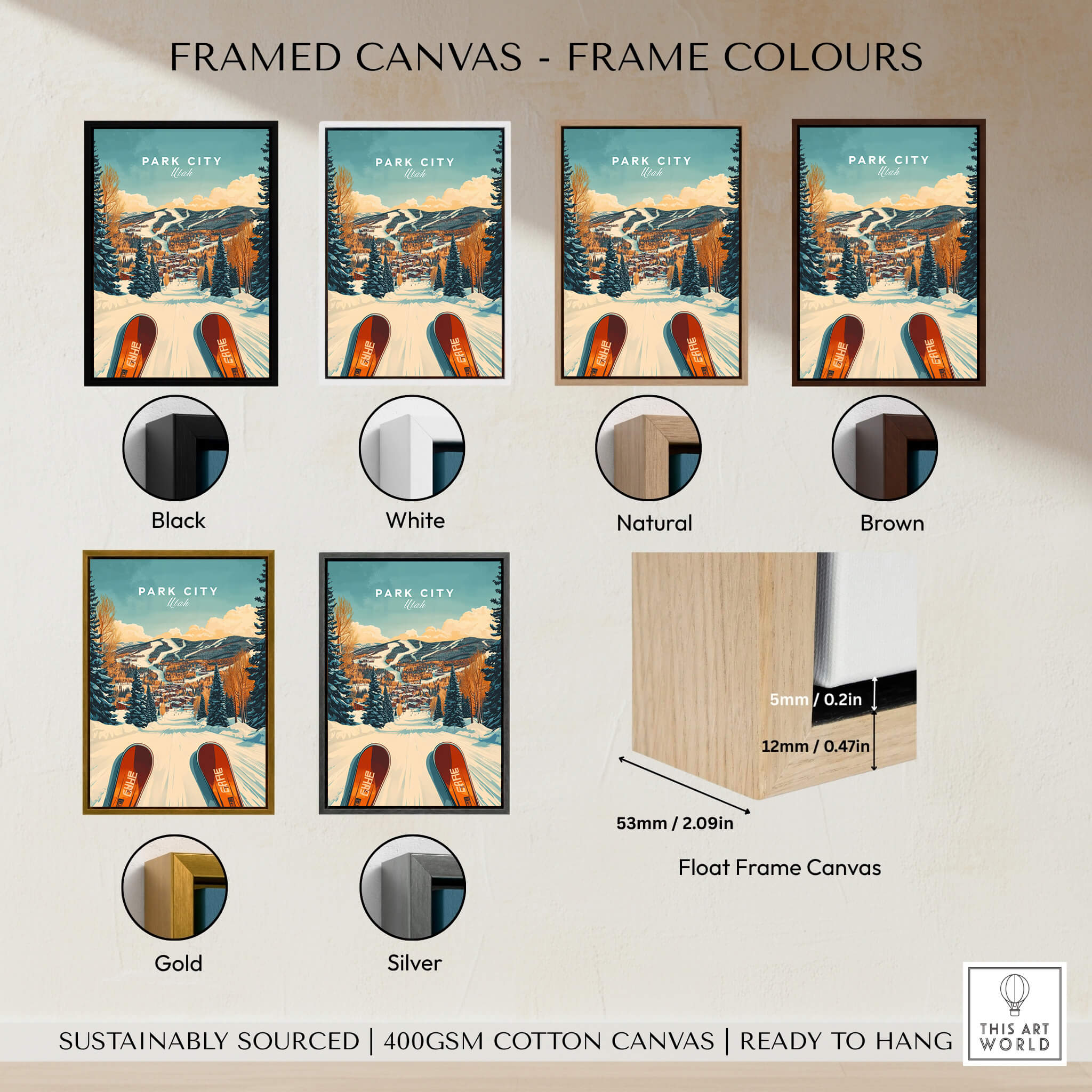 Framed canvas options for Ski Print Park City Utah Winter Sports in various frame colors.