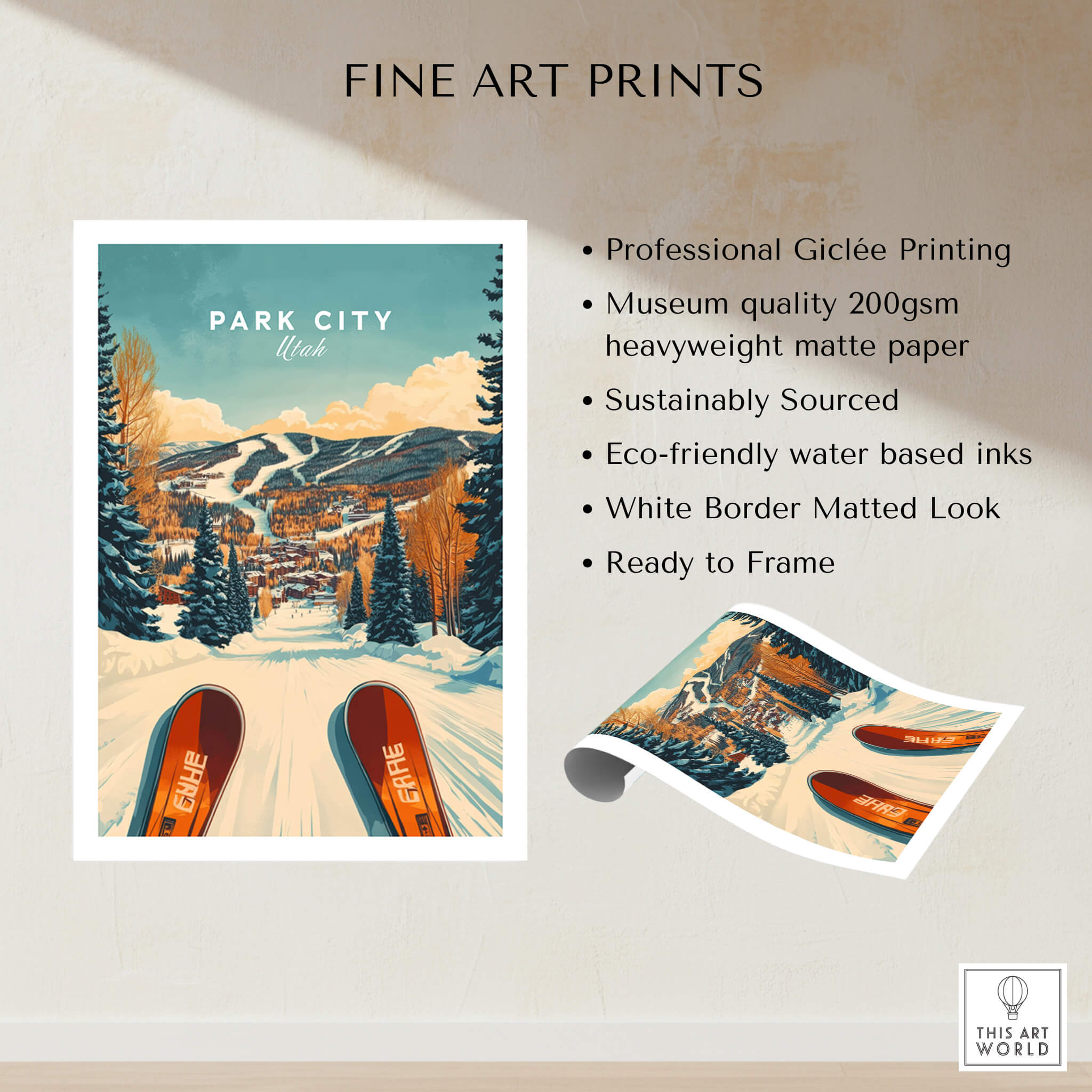 Ski Print Park City Utah Winter Sports poster showcasing skiing slopes and vibrant colors in Park City, Utah.