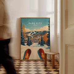 Ski Print Park City Utah Winter Sports poster showcasing a snowy slope and vibrant colors in a stylish interior setting.