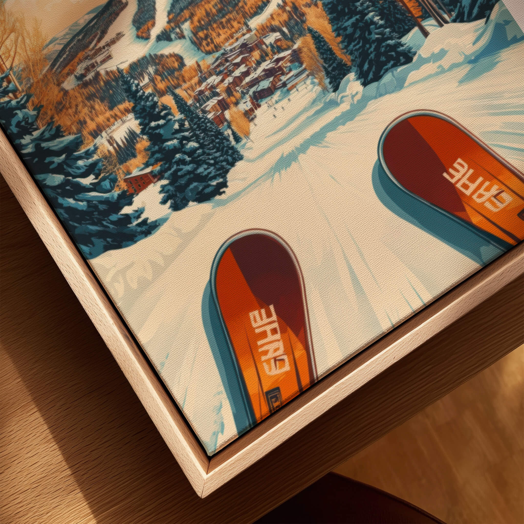 Ski Print Park City Utah Winter Sports artwork featuring vibrant skis and snowy mountain landscape.