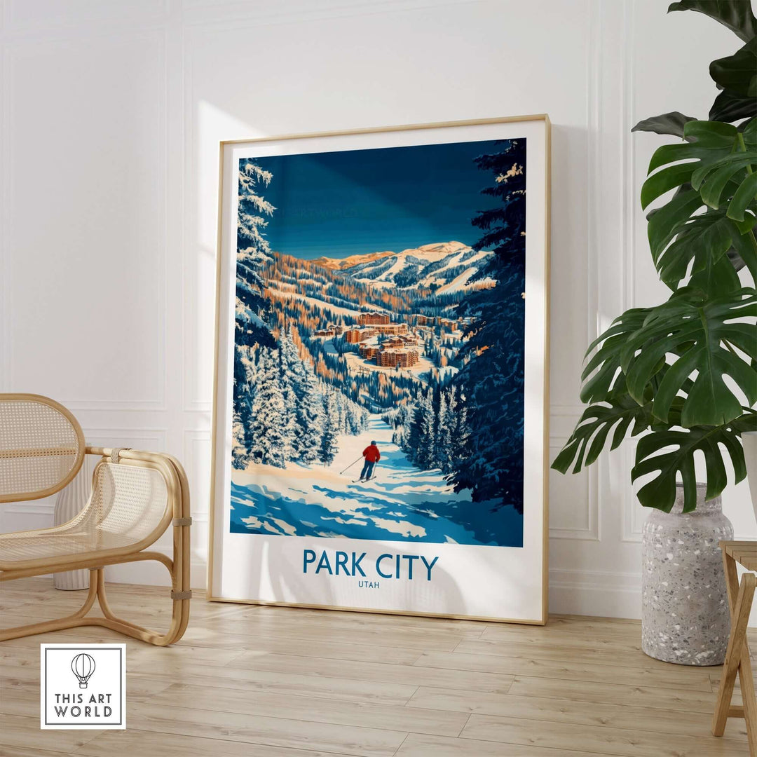 Park City Print showcasing skiing scene in Utah, framed art piece highlighting snowy mountains and scenic views.