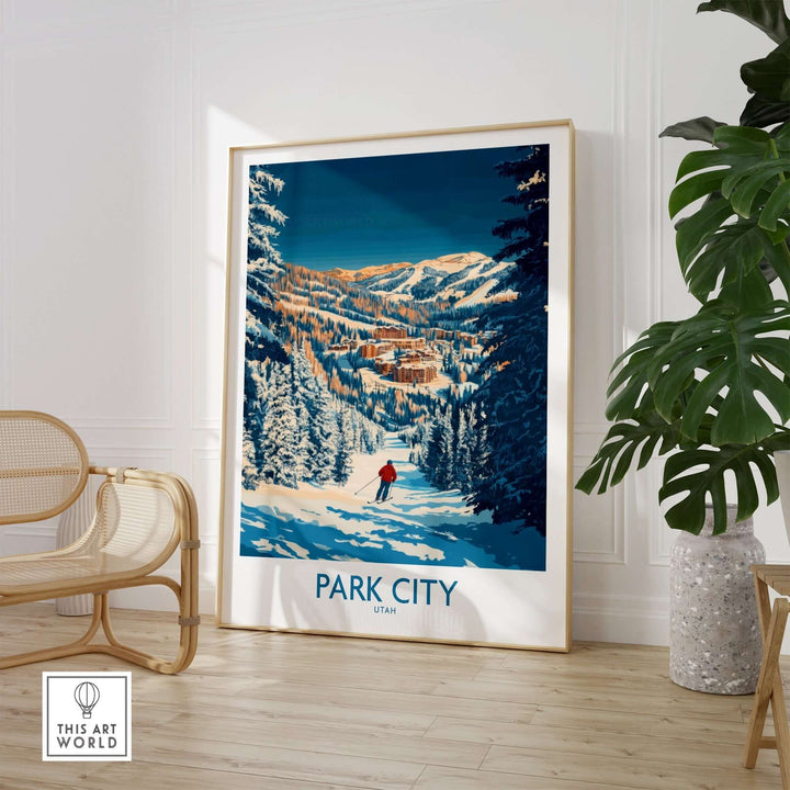 Park City Print showcasing skiing scene in Utah, framed art piece highlighting snowy mountains and scenic views.