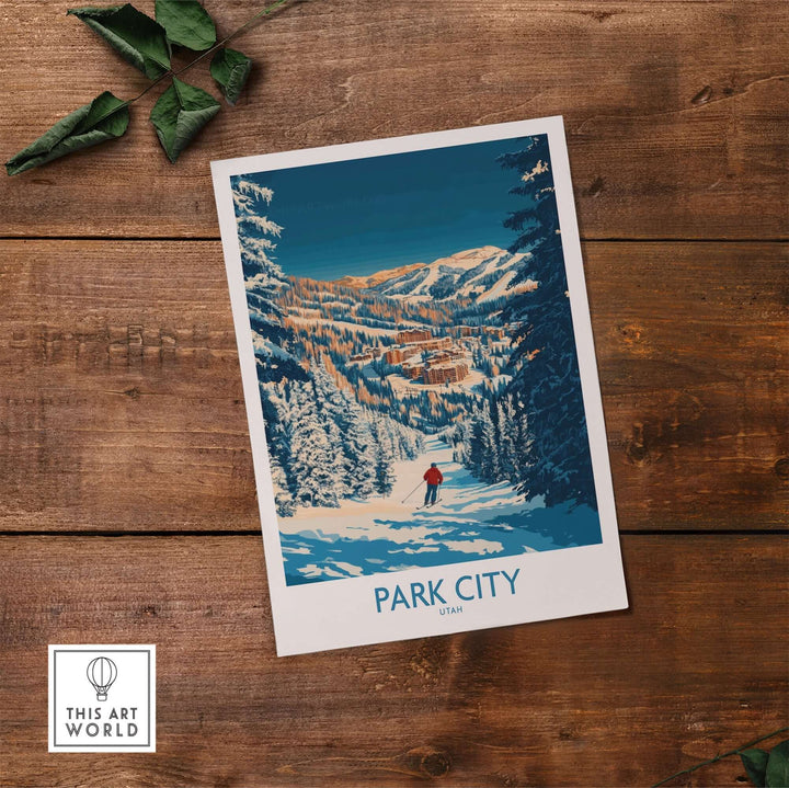 Park City Utah skiing print showcasing a skier on a snowy mountain surrounded by trees, perfect for winter sports enthusiasts.