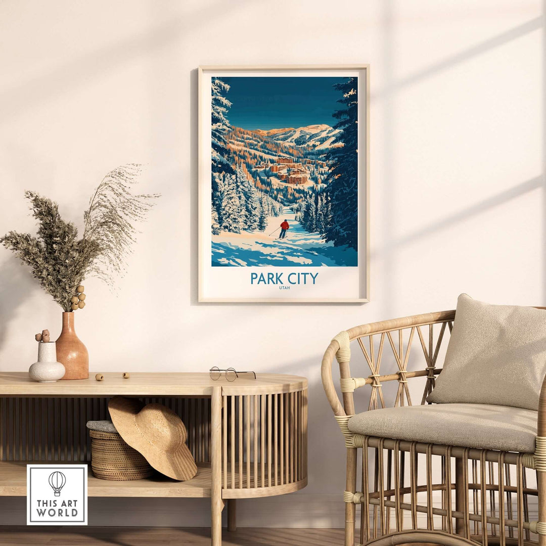 Park City Print showcasing a skier on snow-covered trails, highlighting the beauty of Utah's iconic ski destination.