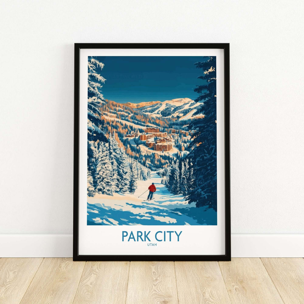 Park City skiing print showcasing a skier on a mountain trail, capturing the beauty of Utah's iconic ski destination.