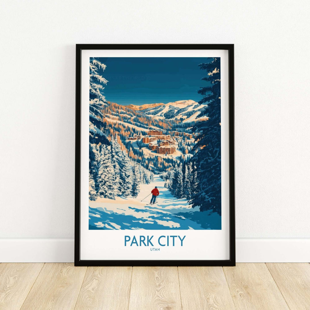 Park City skiing print showcasing a skier on a mountain trail, capturing the beauty of Utah's iconic ski destination.