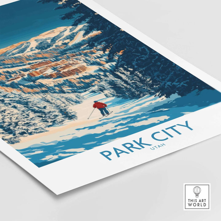 Park City Print depicting a skier in a snowy mountain landscape, showcasing the beauty of Utah's ski destination.