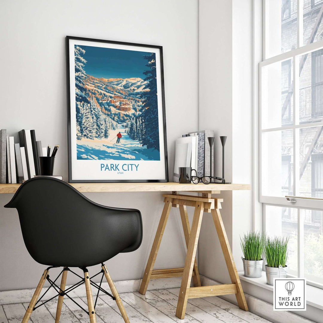 Park City Print showcasing a skier on a snowy mountain, perfect for capturing Utah skiing vibes in any home decor.