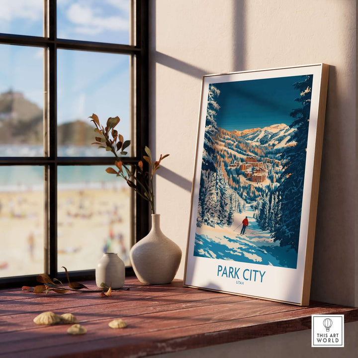 Park City skiing print displayed in a bright room, showcasing mountains and a skier against a stunning backdrop.