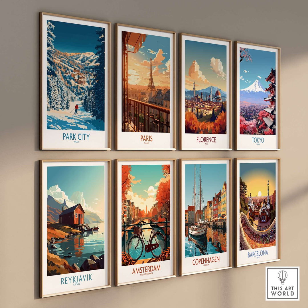 Colorful travel prints showcasing iconic cities like Park City, Paris, Florence, Tokyo, Reykjavik, Amsterdam, Copenhagen, and Barcelona.