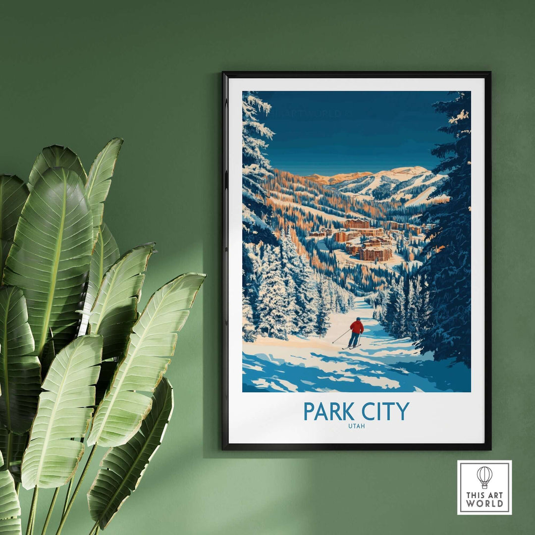 Park City skiing print showcasing a skier on a picturesque slope in Utah, surrounded by snowy mountains and trees.