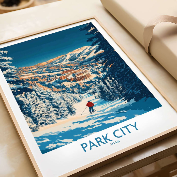 Park City print showcasing a skier on a snowy slope in Utah, highlighting the beauty of skiing in Park City.